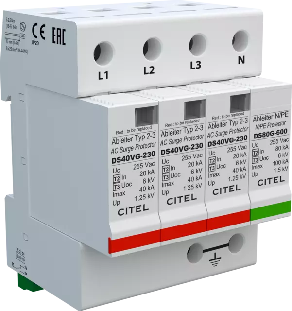 DPS trifásico+neutro, Tipo 2, Imax 40kA, módulo enchufable, señalización remota, protección MC/MD, configuración 3+1, tecnología VG DS44VGS-230/G