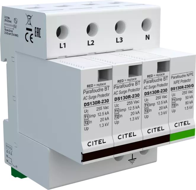 DPS trifásico+neutro 230/400V, Tipo 1, Iimp 12,5kA, módulo enchufable, señalización remota, protección MC/MD, configuración 3+1 DS134RS-230/G