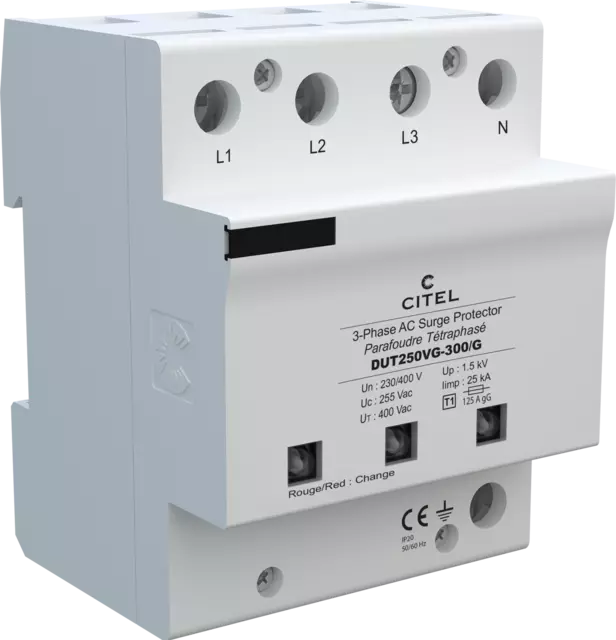DPS trifásico+neutro compacto, 230/400V, Tipo 1, Iimp 25kA, protección MC/MD, configuración 3+1, tecnología VG DUT250VG-300/G
