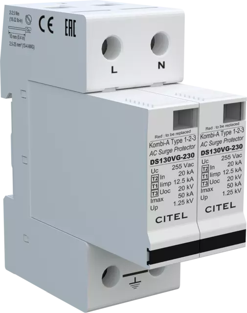 DPS monofásico 230/400V, Tipo 1, Iimp 12,5kA, módulo enchufable, protección MC, configuración 2+0, tecnología VG