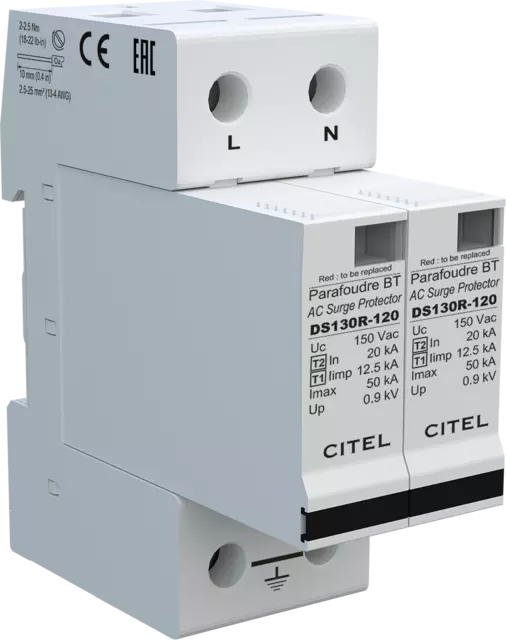 DPS monofásico 120/208V, Tipo 1, Iimp 12,5kA, módulo enchufable, protección MC, configuración 2+0