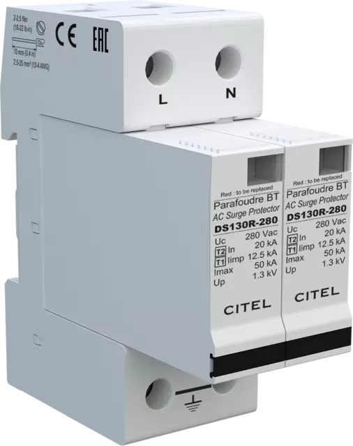 DPS monofásico 230/400V, Tipo 1, Iimp 12,5kA, módulo enchufable, protección MC, configuración 2+0 DS132R-280