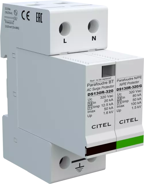 DPS monofásico 230/400V, Tipo 1, Iimp 12,5kA, módulo enchufable, protección MC/MD, configuración 1+1 DS132R-320/G