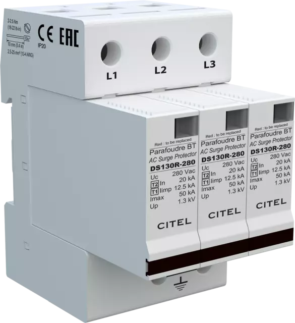 DPS trifásico 230/400V, Tipo 1, Iimp 12,5kA, módulo enchufable, protección MC, configuración 3+0 DS133R-320