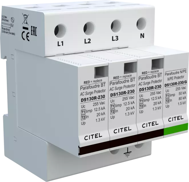 DPS trifásico+neutro 230/400V, Tipo 1, Iimp 12,5kA, módulo enchufable, protección MC/MD, configuración 3+1 DS134R-230/G