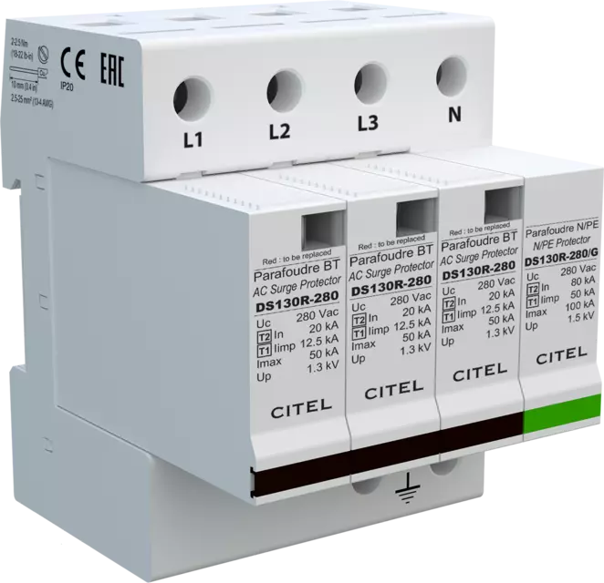 DPS trifásico+neutro 230/400V, Tipo 1, Iimp 12,5kA, módulo enchufable, protección MC/MD, configuración 3+1 DS134R-280/G