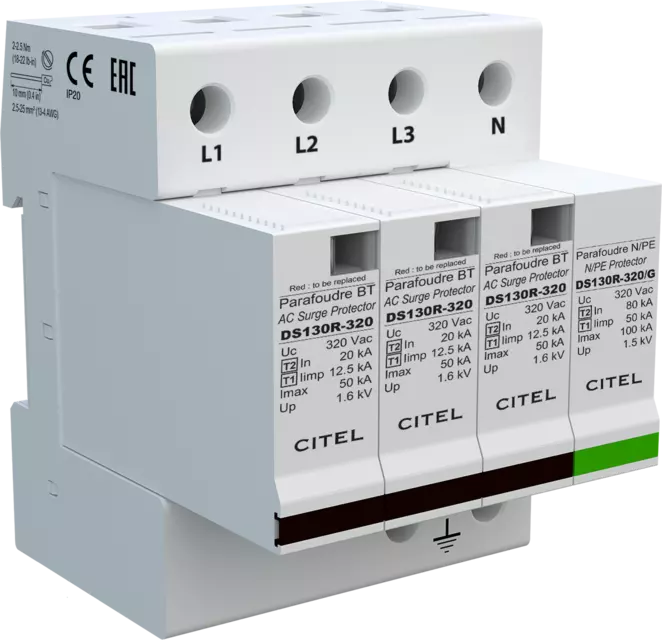 DPS trifásico+neutro 230/400V, Tipo 1, Iimp 12,5kA, módulo enchufable, protección MC/MD, configuración 3+1 DS134R-320/G