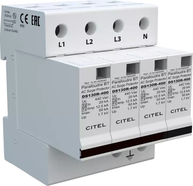 DPS trifásico+neutro 230/400V, Tipo 1, Iimp 12,5kA, módulo enchufable, protección MC, configuración 4+0 DS134R-400