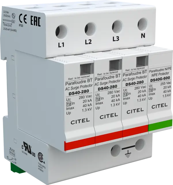 DPS trifásico+neutro, Tipo 2, Imax 40kA, protección MC/MD, señalización remota, configuración 3+1, Uc 280Vac