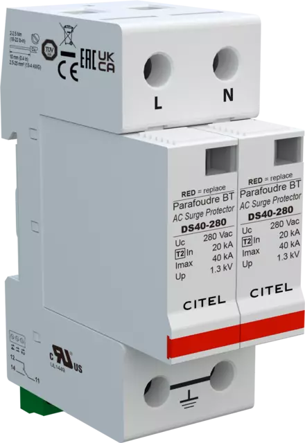 DPS monofásico, Tipo 2, Imax 40kA, protección MC, señalización remota, configuración 2+0, Uc 280Vac