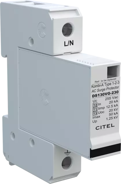 DPS unipolar 230/400V, Tipo 1, Iimp 12,5kA, módulo enchufable, Uc 255V, tecnología VG