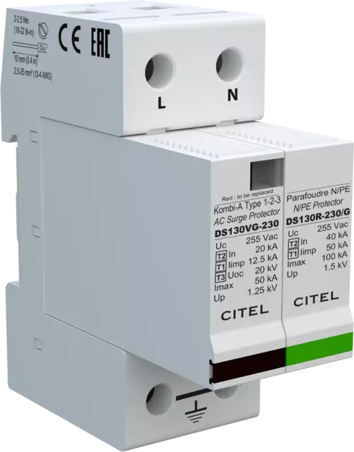DPS monofásico 230/400V, Tipo 1, Iimp 12,5kA, módulo enchufable, protección MC/MD, configuración 1+1, tecnología VG