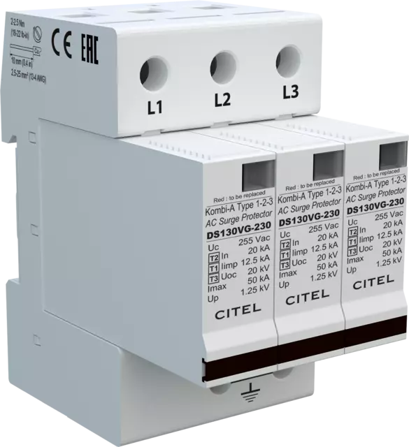 DPS trifásico 230/400V, Tipo 1, Iimp 12,5kA, módulo enchufable, protección MC, configuración 3+0, tecnología VG