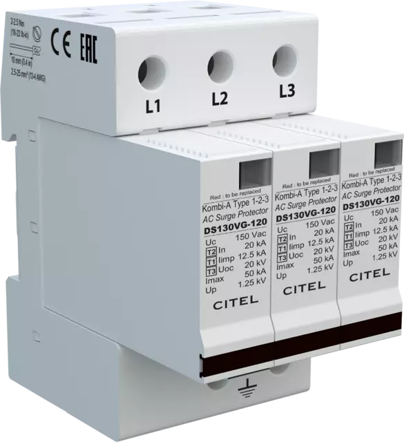 DPS trifásico 120/208V, Tipo 1, Iimp 12,5kA, módulo enchufable, protección MC, configuración 3+0, tecnología VG