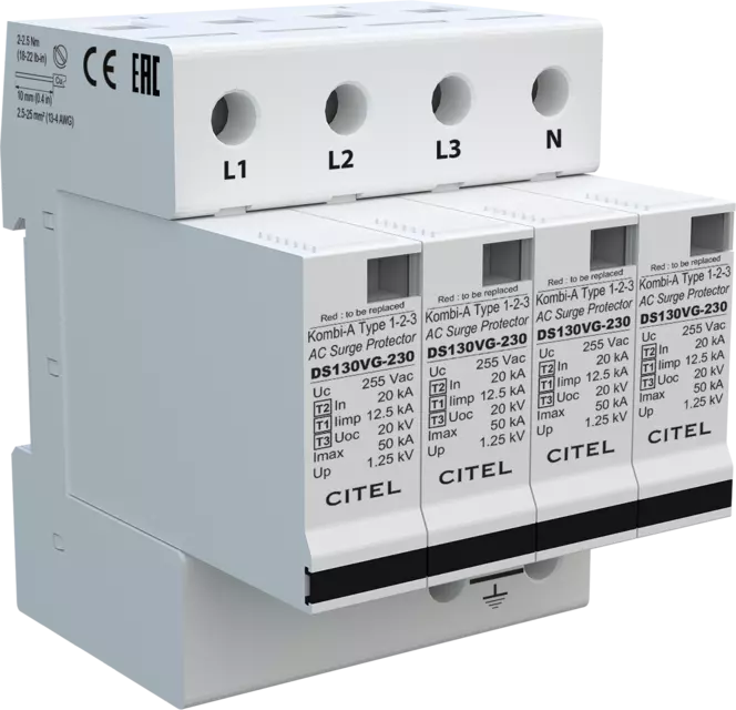 DPS trifásico+neutro 230/400V, Tipo 1, Iimp 12,5kA, módulo enchufable, protección MC, configuración 4+0, tecnología VG