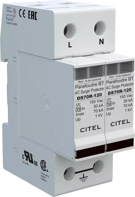 DPS monofásico, Tipo 2, Imax 70kA, módulo enchufable, protección MC, configuración 2+0 DS72R-120