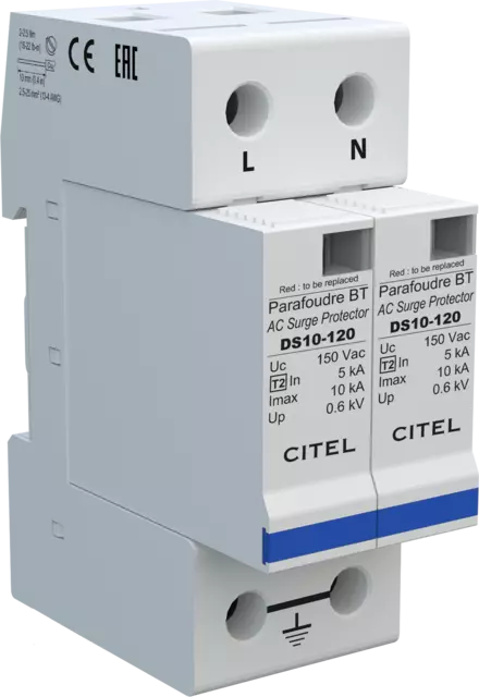 DPS monofásico, Tipo 2, Imax 10kA, módulo enchufable, señalización remota, protección MC, configuración 2+0 DS12S-120