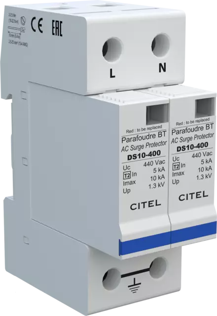 DPS monofásico, Tipo 2, Imax 10kA, módulo enchufable, señalización remota, protección MC, configuración 2+0 DS12S-400