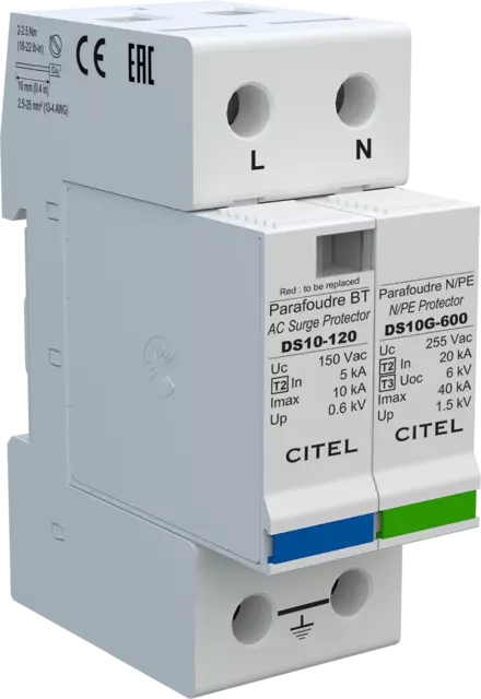 DPS monofásico, Tipo 2, Imax 10kA, módulo enchufable, señalización remota, protección MC/MD, configuración 1+1 DS12S-120/G