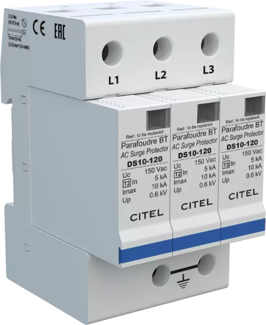 DPS trifásico, Tipo 2, Imax 10kA, módulo enchufable, señalización remota, protección MC, configuración 3+0 DS13S-120