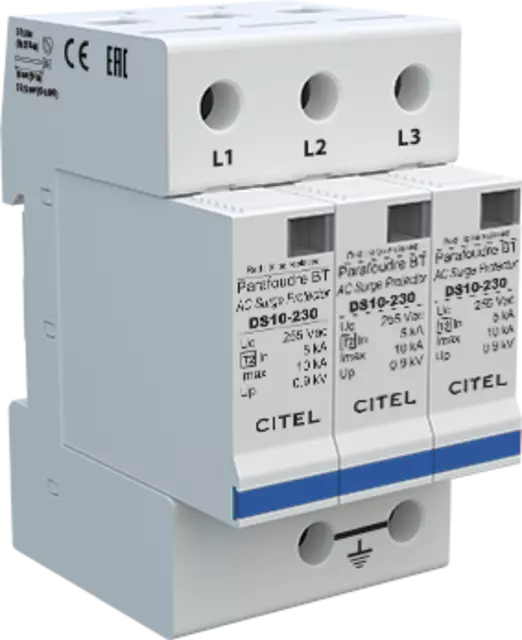 DPS trifásico, Tipo 2, Imax 10kA, módulo enchufable, señalización remota, protección MC, configuración 3+0 DS13S-230