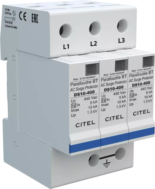 DPS trifásico, Tipo 2, Imax 10kA, módulo enchufable, protección MC, configuración 3+0 DS13-400