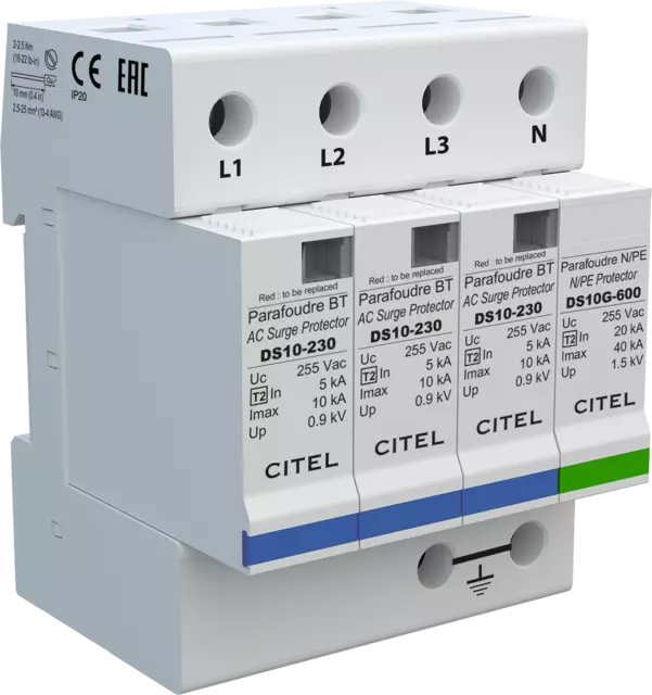 DPS trifásico+neutro, Tipo 2, Imax 10kA, módulo enchufable, señalización remota, protección MC/MD, configuración 3+1 DS14S-230/G