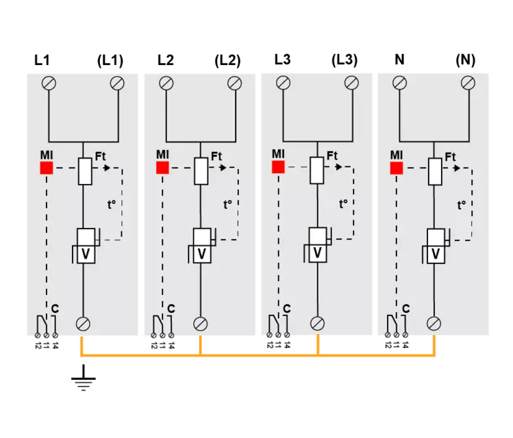 DPS trifásico+neutro, Tipo 1, Iimp 50kA, señalización remota, protección MC, configuración 4+0, Uc 320V
