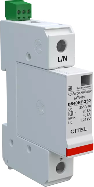 DPS unipolar, Tipo 2, Imax 40kA, módulo enchufable, señalización remota, filtro RFI DS41HFS-230