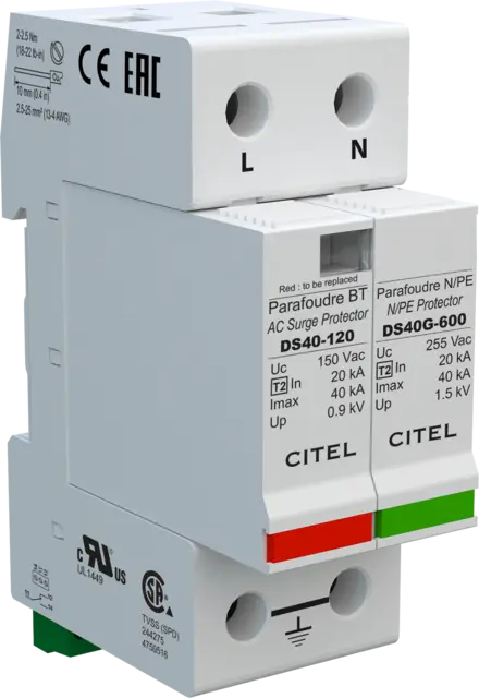 DPS monofásico, Tipo 2, Imax 40kA, módulo enchufable, señalización remota, protección MC/MD, configuración 1+1 DS42S-120/G