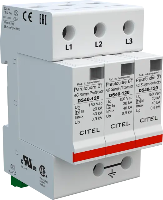 DPS trifásico, Tipo 2, Imax 40kA, módulo enchufable, señalización remota, protección MC, configuración 3+0 DS43S-120