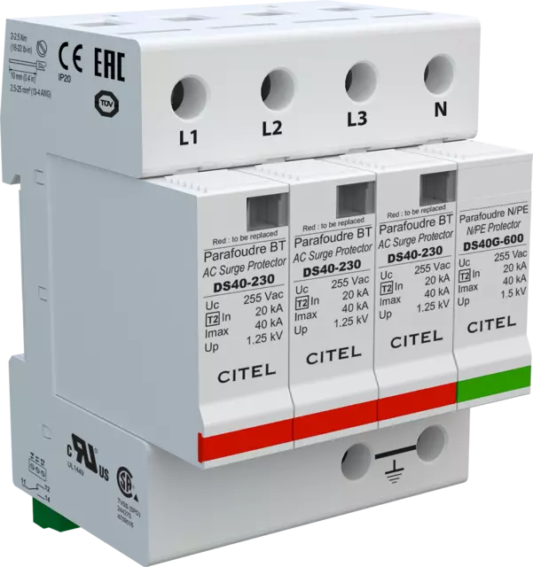 DPS trifásico+neutro, Tipo 2, Imax 40kA, módulo enchufable, señalización remota, protección MC/MD, configuración 3+1 DS44S-230/G