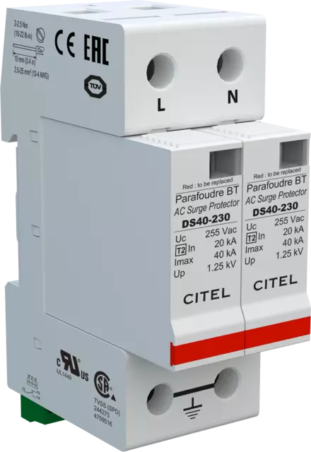 DPS monofásico, Tipo 2, Imax 40kA, módulo enchufable, señalización remota, protección MC, configuración 2+0 DS42S-230