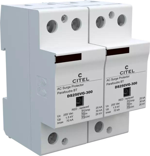 DPS monofásico 230/400V, Tipo 1, Iimp 25kA, señalización remota, protección MC, configuración 2+0, tecnología VG DS252VG-300