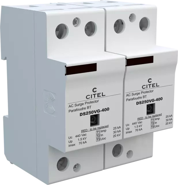 DPS monofásico 230/400V, Tipo 1, Iimp 25kA, señalización remota, protección MC, configuración 2+0, tecnología VG DS252VG-400