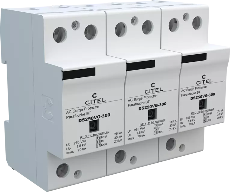 DPS trifásico 230/400V, Tipo 1, Iimp 25kA, señalización remota, protección MC, configuración 3+0, tecnología VG DS253VG-300