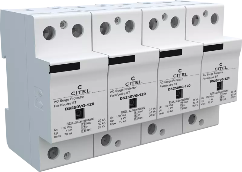 DPS trifásico+neutro 120/208V, Tipo 1, Iimp 25kA, señalización remota, protección MC, configuración 4+0, tecnología VG