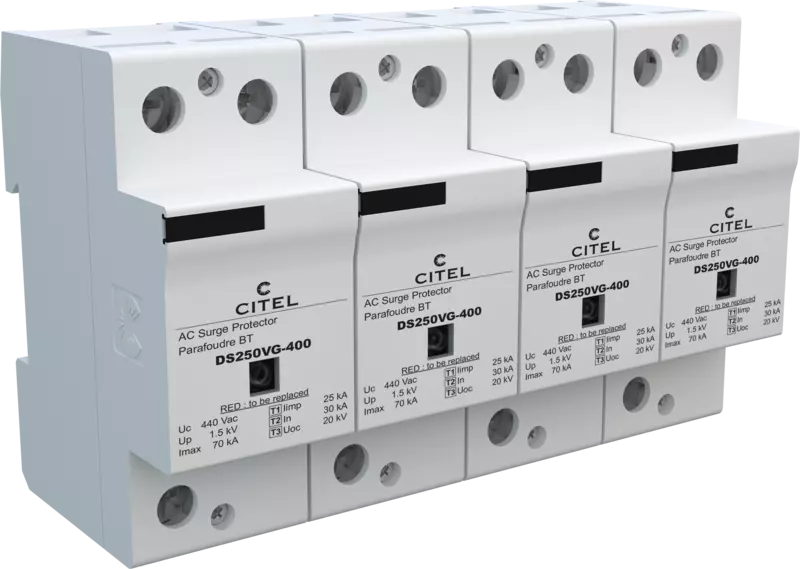 DPS trifásico+neutro, 230/400V, Tipo 1, Iimp 25kA, señalización remota, protección MC, configuración 4+0, tecnología VG DS254VG-400
