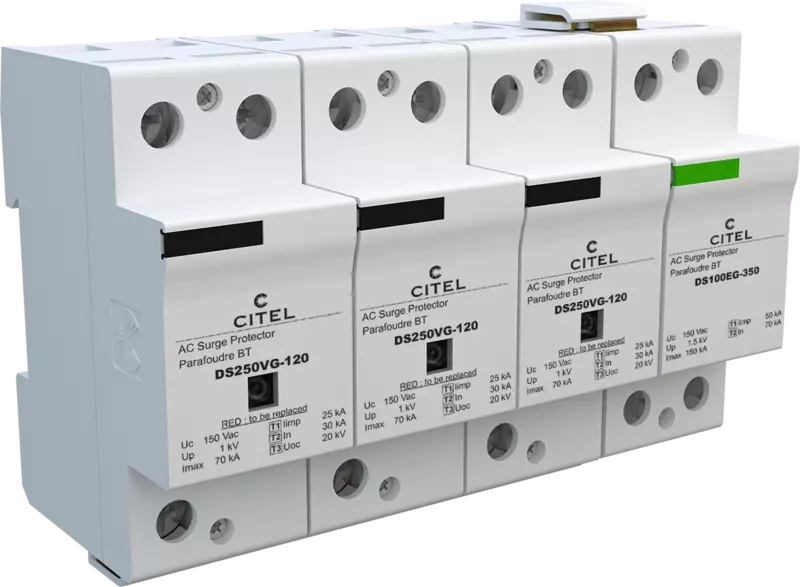 DPS trifásico+neutro 120/208V, Tipo 1, Iimp 25kA, señalización remota, protección MC/MD, configuración 3+1, tecnología VG
