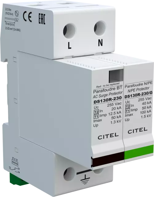 DPS monofásico 230/400V, Tipo 1, Iimp 12,5kA, módulo enchufable, señalización remota, protección MC/MD, configuración 1+1 DS132RS-230/G