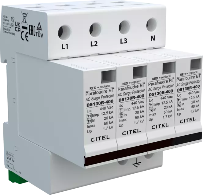 DPS trifásico+neutro 230/400V, Tipo 1, Iimp 12,5kA, módulo enchufable, señalización remota, protección MC, configuración 4+0 DS134RS-320