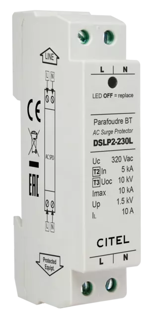 Protección monofásica compacta perfil bajo para riel DIN, red 230Vac, desconexión en serie, luz de Clase 2