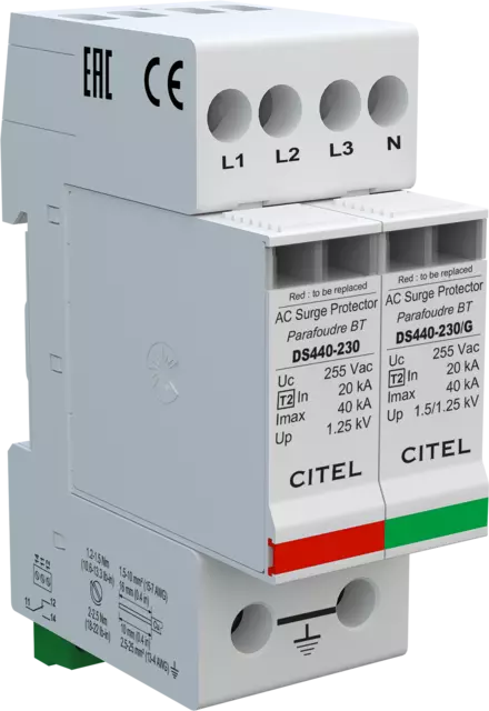 DPS trifásico+neutro compacto, Tipo 2, Imax 40kA, módulo enchufable, señalización remota, protección MC/MD, configuración 3+1 DS440S-280/G
