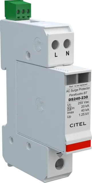 DPS monofásico compacto, Tipo 2, Imax 40kA, módulo enchufable, señalización remota, protección MC, configuración 2+0 DS240S-230