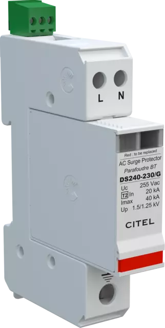 DPS monofásico compacto, Tipo 2, Imax 40kA, módulo enchufable, señalización remota, protección MC/MD, configuración 1+1 DS240S-230/G