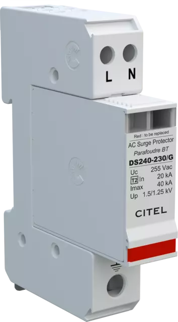 DPS monofásico compacto, Tipo 2, Imax 40kA, módulo enchufable, protección MC/MD, configuración 1+1 DS240-230/G