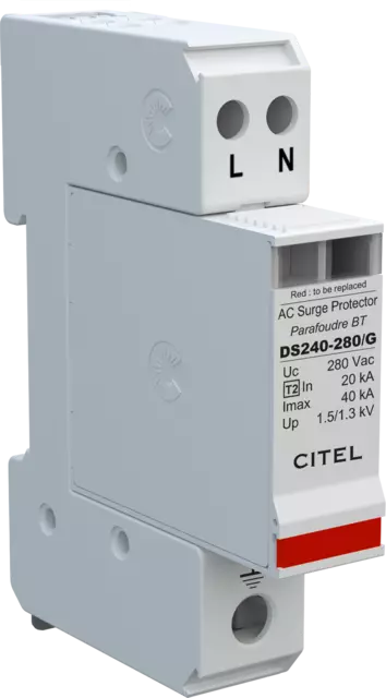 DPS monofásico compacto, Tipo 2, Imax 40kA, módulo enchufable, protección MC/MD, configuración 1+1 DS240-280/G