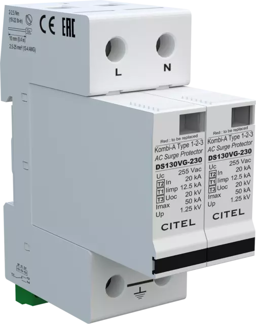 DPS monofásico 230/400V, Tipo 1, Iimp 12,5kA, módulo enchufable, señalización remota, protección MC, configuración 2+0, tecnología VG