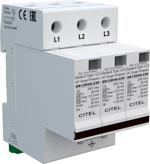 DPS trifásico 230/400V, Tipo 1, Iimp 12,5kA, módulo enchufable, señalización remota, protección MC, configuración 3+0, tecnología VG