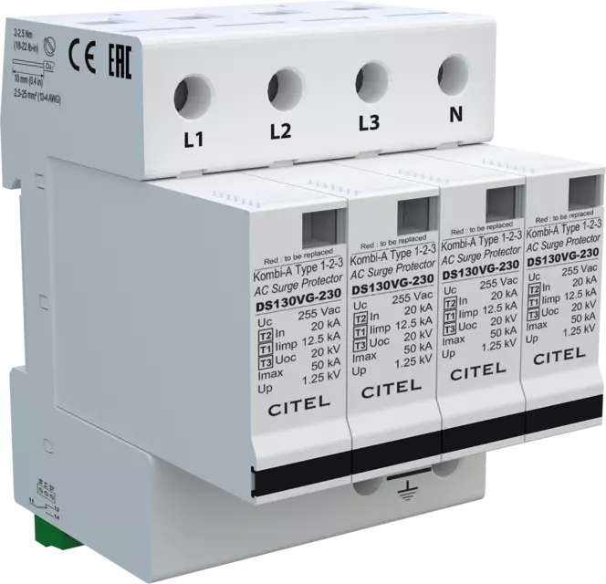 DPS trifásico+neutro 230/400V, Tipo 1, Iimp 12,5kA, módulo enchufable, señalización remota, protección MC, configuración 4+0, tecnología VG